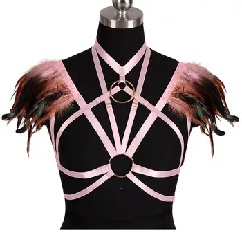 

Harajuku Feather Shoulder Neck Harness Top Pink Lingerie Belt Bondage Corset Burning Women Epaulets Art Dance Clothing Plus Size