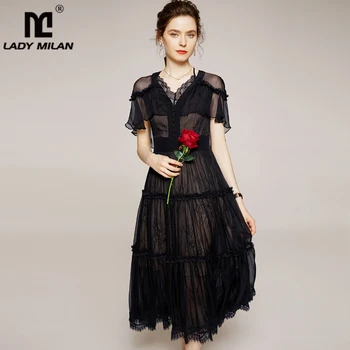 

100% Silk Women's Runway Dresses Sexy V Neck Ruffles Tiered Lace Patchwork Fashion Casual Designer Dresses