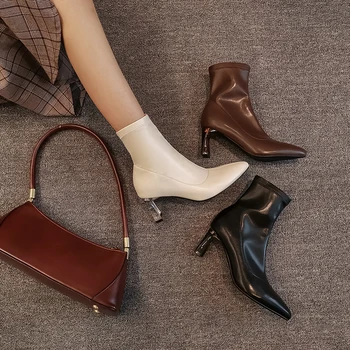 

2020 spring and autumn new crystal heel pointed short boots female Martin boots wild was thin naked boots fashion boots X266