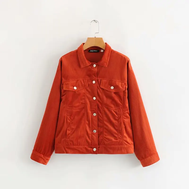 

Europe And America 2019 Autumn New Style Slim Fit Slimming Versatile Retro Fold-down Collar Long Sleeve Solid Color Corduroy Jac