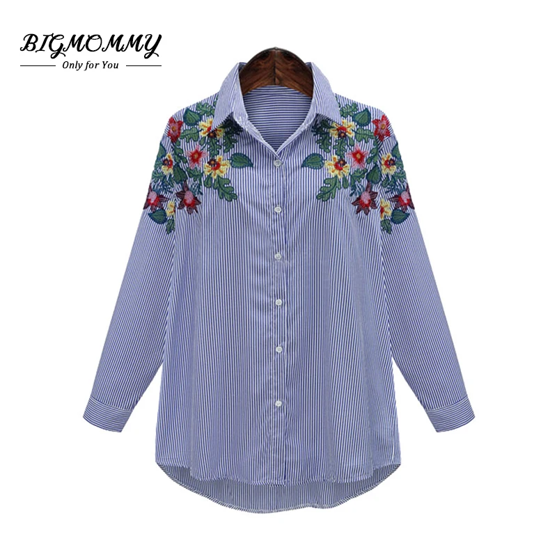 

Women Blue White Striped Blouse Pinstripe Autumn Long Sleeve Floral Embroidery Women Blouse Plus Size Office Lady Tops Shirts