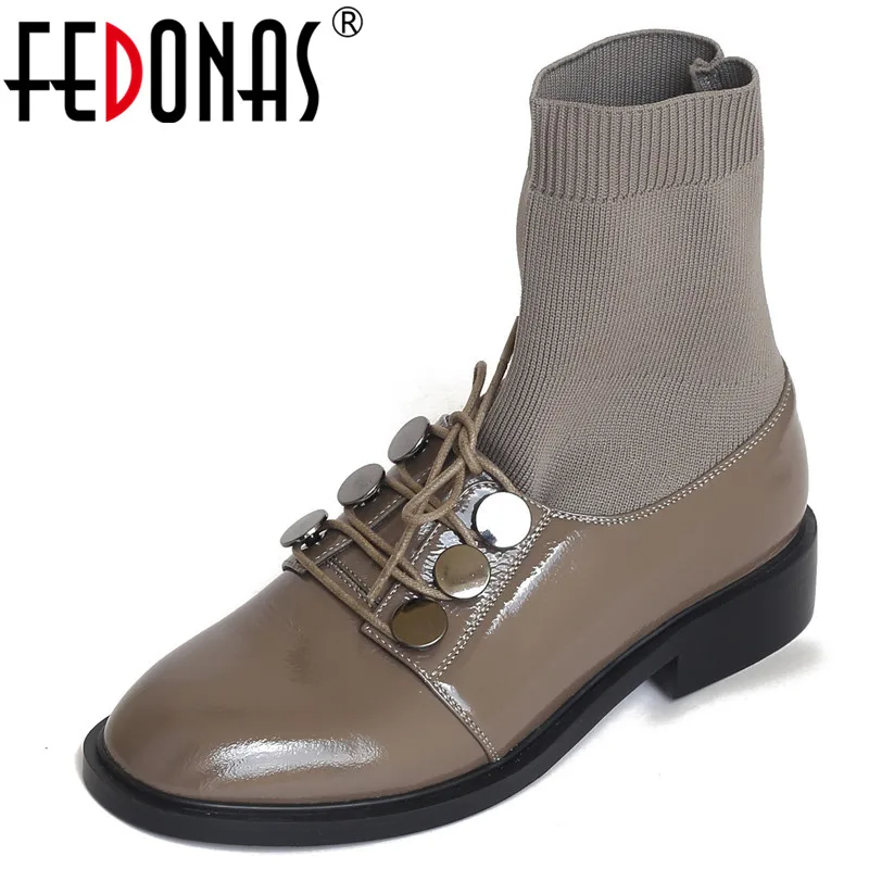 

FEDONAS Quality Women Cow Patent Leather Knitting Ankle Boots Autumn Winter Brand Metal High Heels Rome Warm Party Shoes Woman