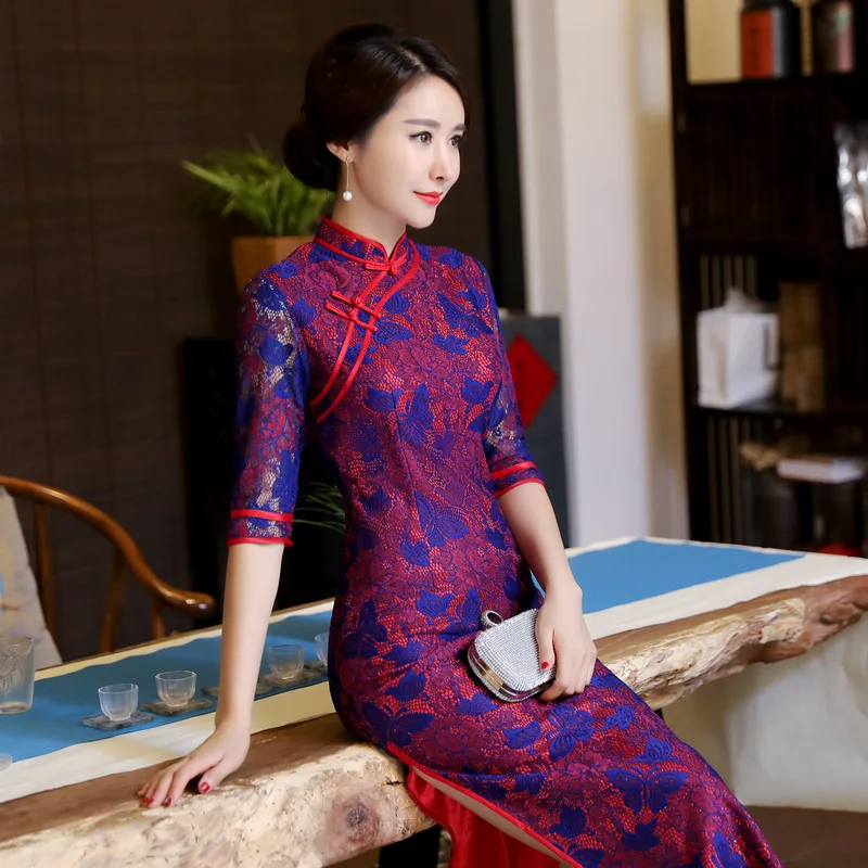 Стиль Ретро кружево длинное Cheongsam бабочка кружево стройнящее облегающее стильное представление Подиум обслуживание Ципао для банкета