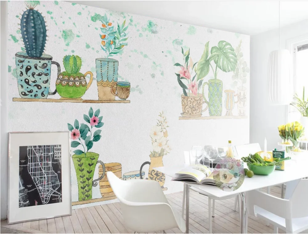 

Small fresh Nordic bonsai cactus sofa simple bedside background wall-professional custom wallpaper