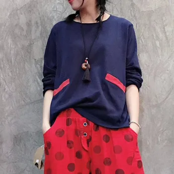 

XUXI Autumn 2020 New O Collar Artistic Long Sleeve T-shirt Women Loose Large Size Patchwork Fabric High Street Top FZ2332