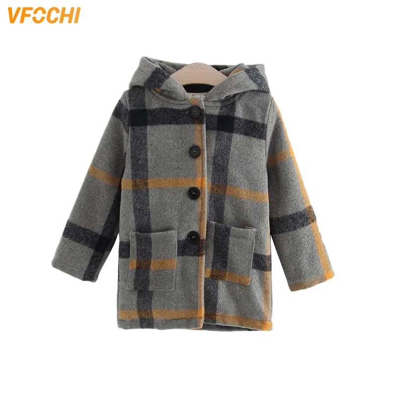 

VFOCHI Fashon Girl Wool Coat Windbreaker Kids Coat Plaid Pattern Children Clothing Baby Girls Winter Wool Coat Hooded Outerwear