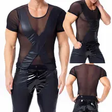 Мужские майки из искусственной кожи, сетчатые Лоскутные шорты, футболки с рукавами, прозрачные черные эротические Клубные костюмы, Ropa, сексуальный Hombre