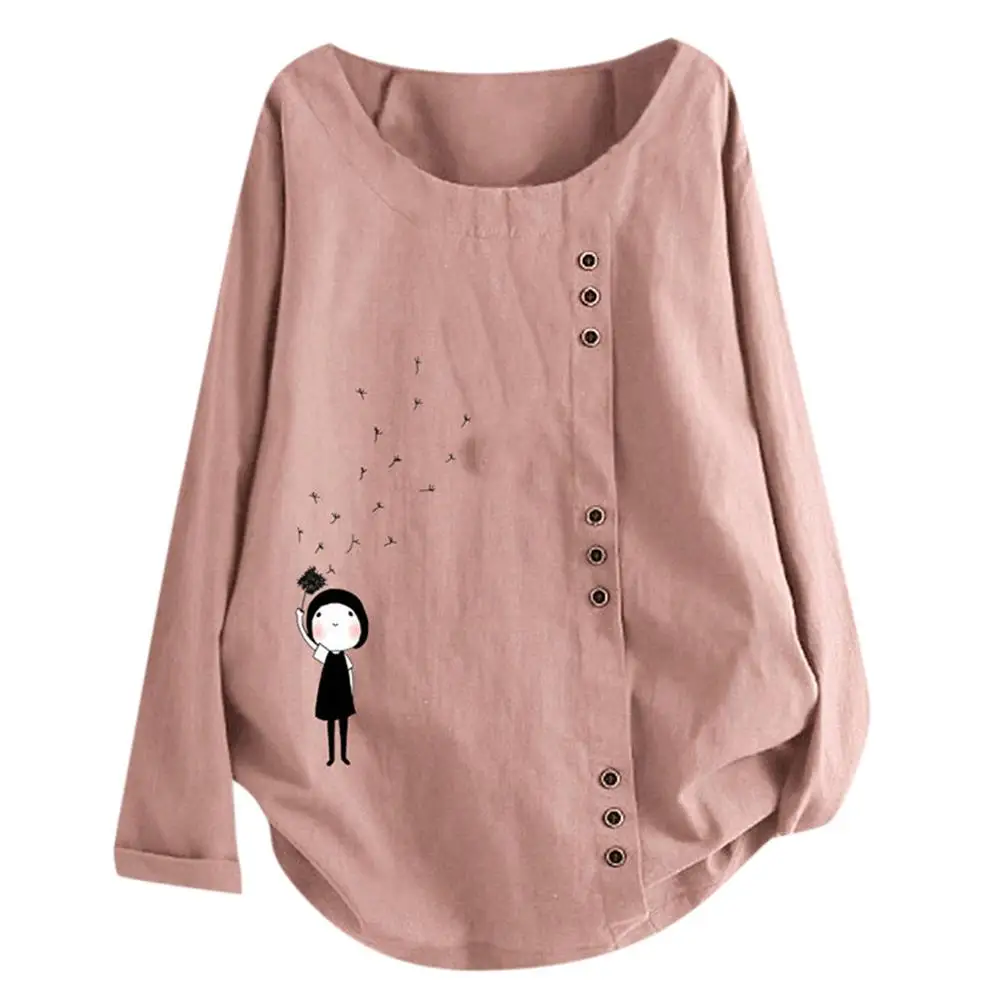 5XL Женская Осенняя блузка с рисунком плюс размер женский o-образный вырез с принтом свободная кнопка с длинным рукавом Свободные топы модная одежда белый