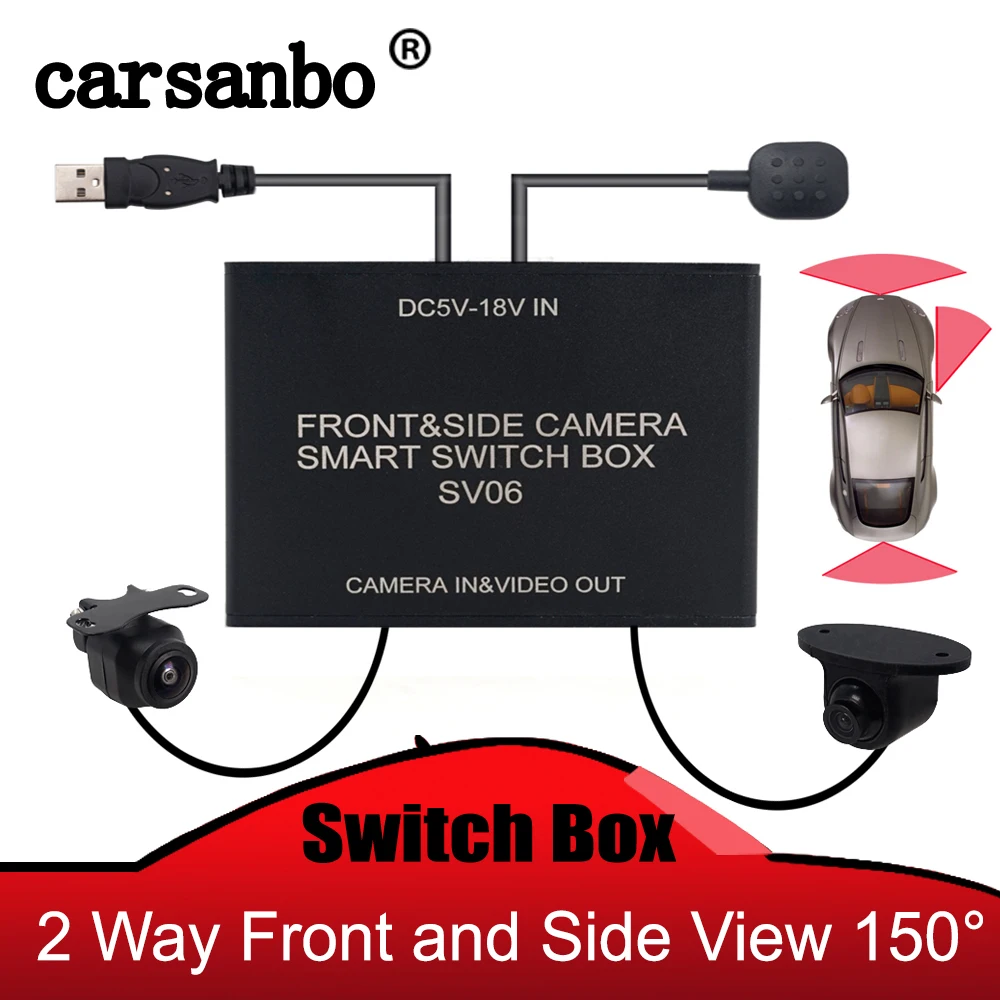 

Carsanbo 2 Way Front and Side View Smart Switch Box with 150 Degree Wide Angle Camera USB Power Supply Camera Control Box