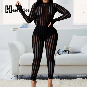 

Sexy See Through Hallow Out Mesh Rompers Women Jumpsuits Stripes Print Round Neck Long Sleeve One Piece Overalls