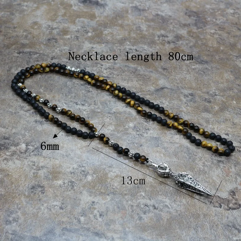 Natural Stone Necklace Men Retro Lava Bead Long Tiger Eye Skull/viking Pendants Necklaces Fashion Jewelry Kolye Hand Made