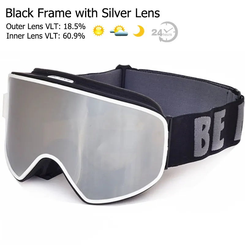 Лыжные очки 2 в 1 с магнитными двойными линзами для ночного катания на лыжах, противотуманные UV400 очки для сноуборда, мужские и женские лыжные очки - Цвет: Black Silver