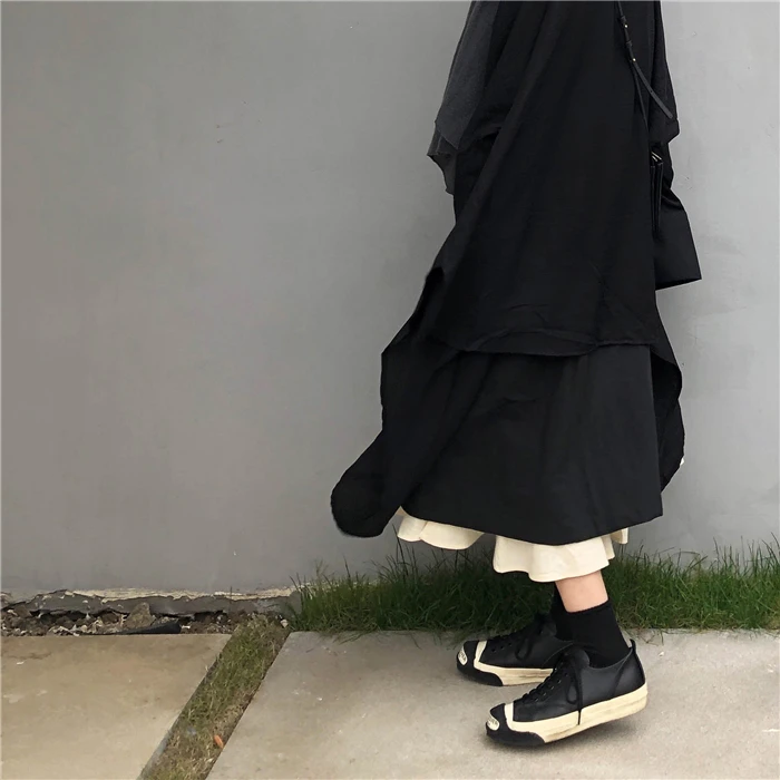 Женская одежда осень зима harajuku черная Повседневная негабаритная рубашка с длинными рукавами и высокая талия длинная юбка комплект из двух предметов