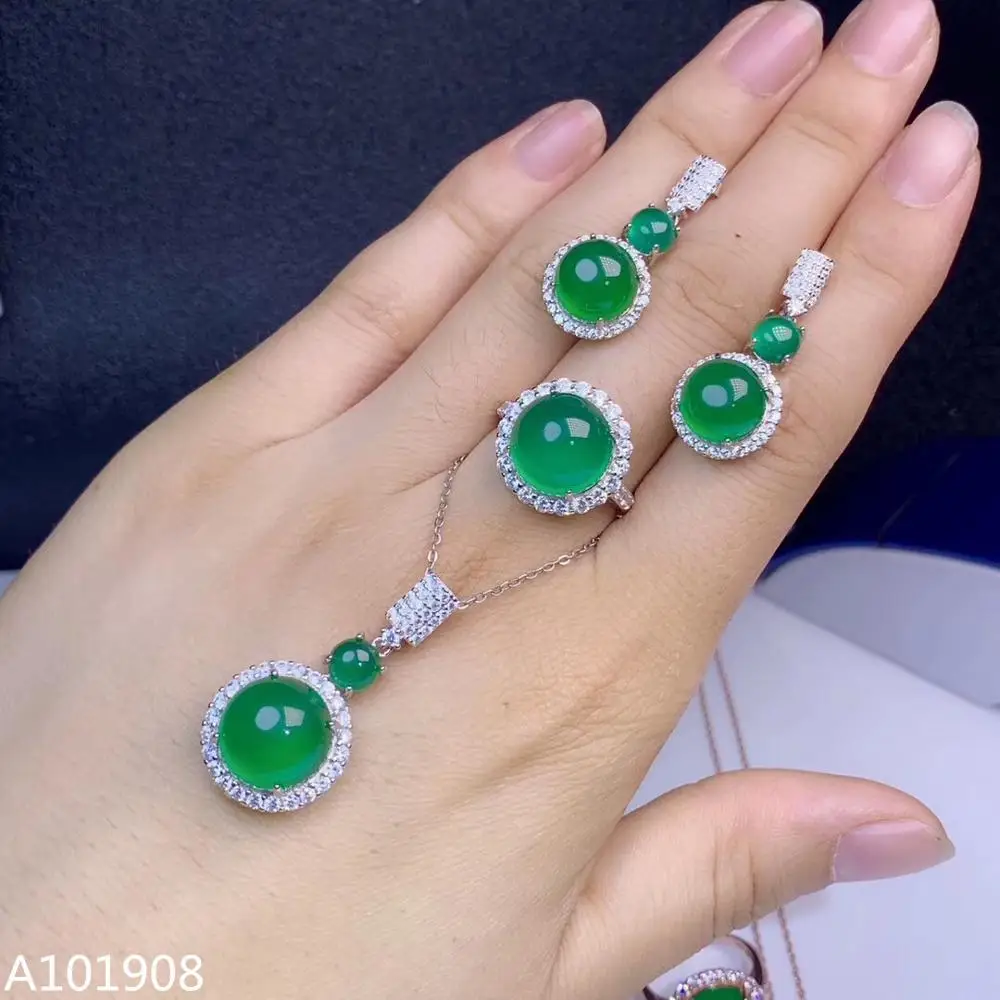 KJJEAXCMY boutique jewelry 925 sterling silver inlaid Natural green chalcedony necklace earrings ring set support detection