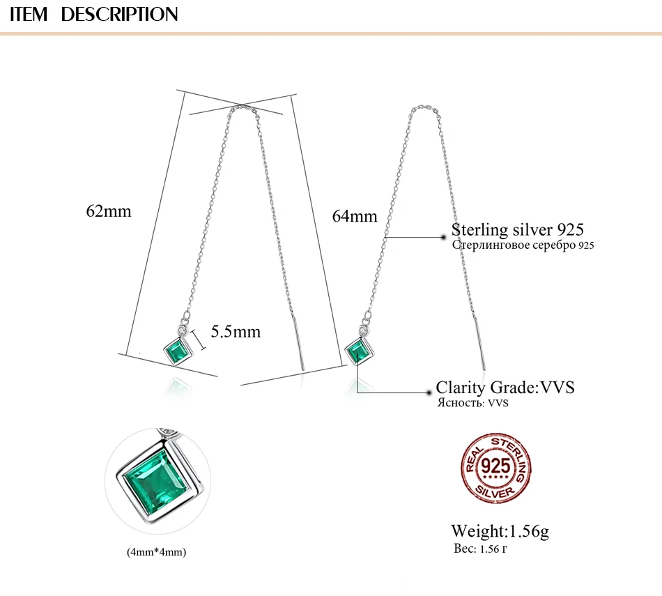 CZCITY из чистого 925 пробы серебра длинные звенья цепи висячие серьги завораживающие 4 мм квадратный камень Boucles d'oreuilles Pour Les Femmes