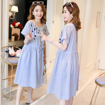 

957# Embroidery Thin Cotton Maternity Dress Drawstring Slim Waist Button Open for Nursing Loose Breastfeeding Clothes Feeding