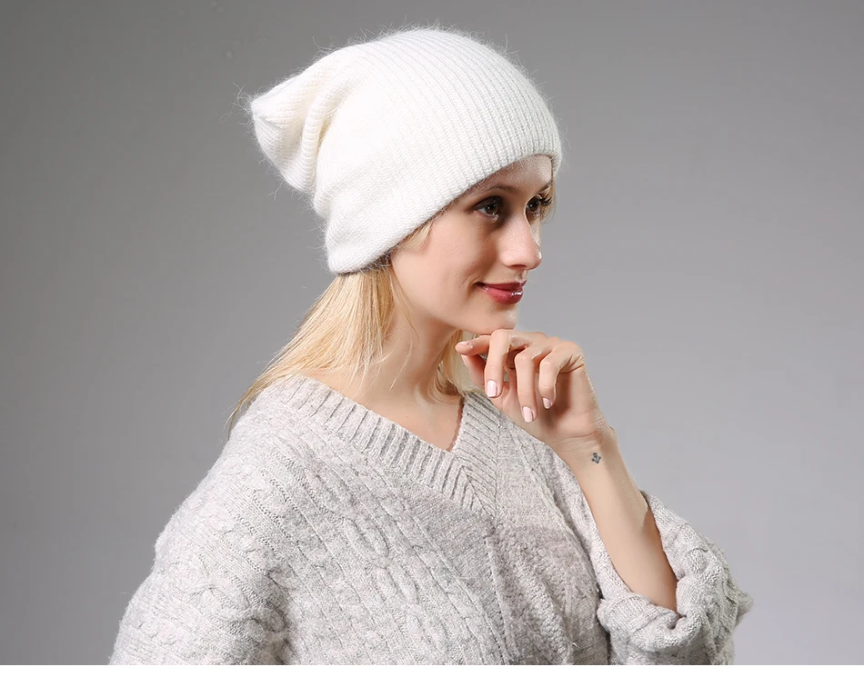 Новая зимняя женская шапка из кроличьего кашемира, вязаные шапки, толстые теплые женские шерстяные шапка из ангорской шерсти, женские вязаные шапки