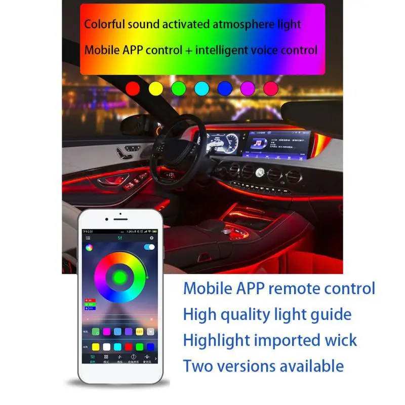 Автомобильные RGB волоконно-оптические атмосферные лампы, автомобильный интерьерный светильник, декоративная приборная панель, пульт дистанционного управления или управление через приложение