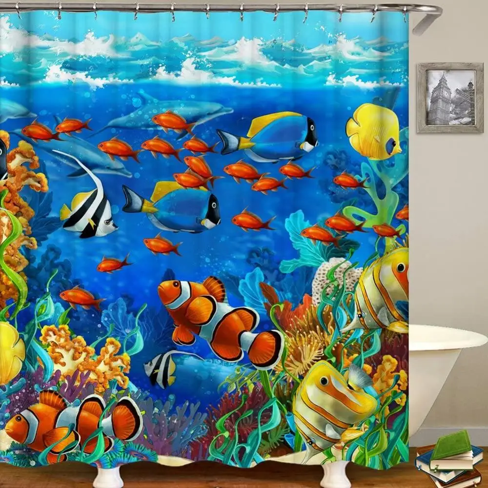 Ocean Animal Decor Shower Curtain Tropical Fish Underwater Coral Reef Undersea World Waterproof Fabric Bathroom | Дом и сад