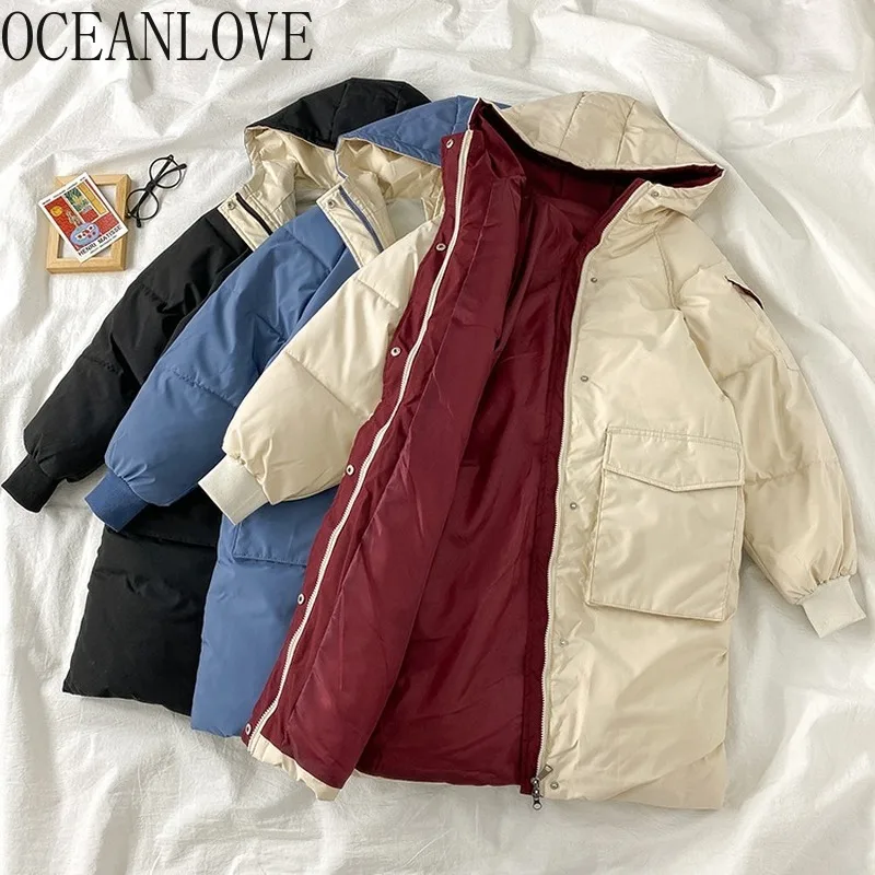 OCEANLOVE толстые длинные зимние куртки с капюшоном корейский Винтаж 2021 карманы