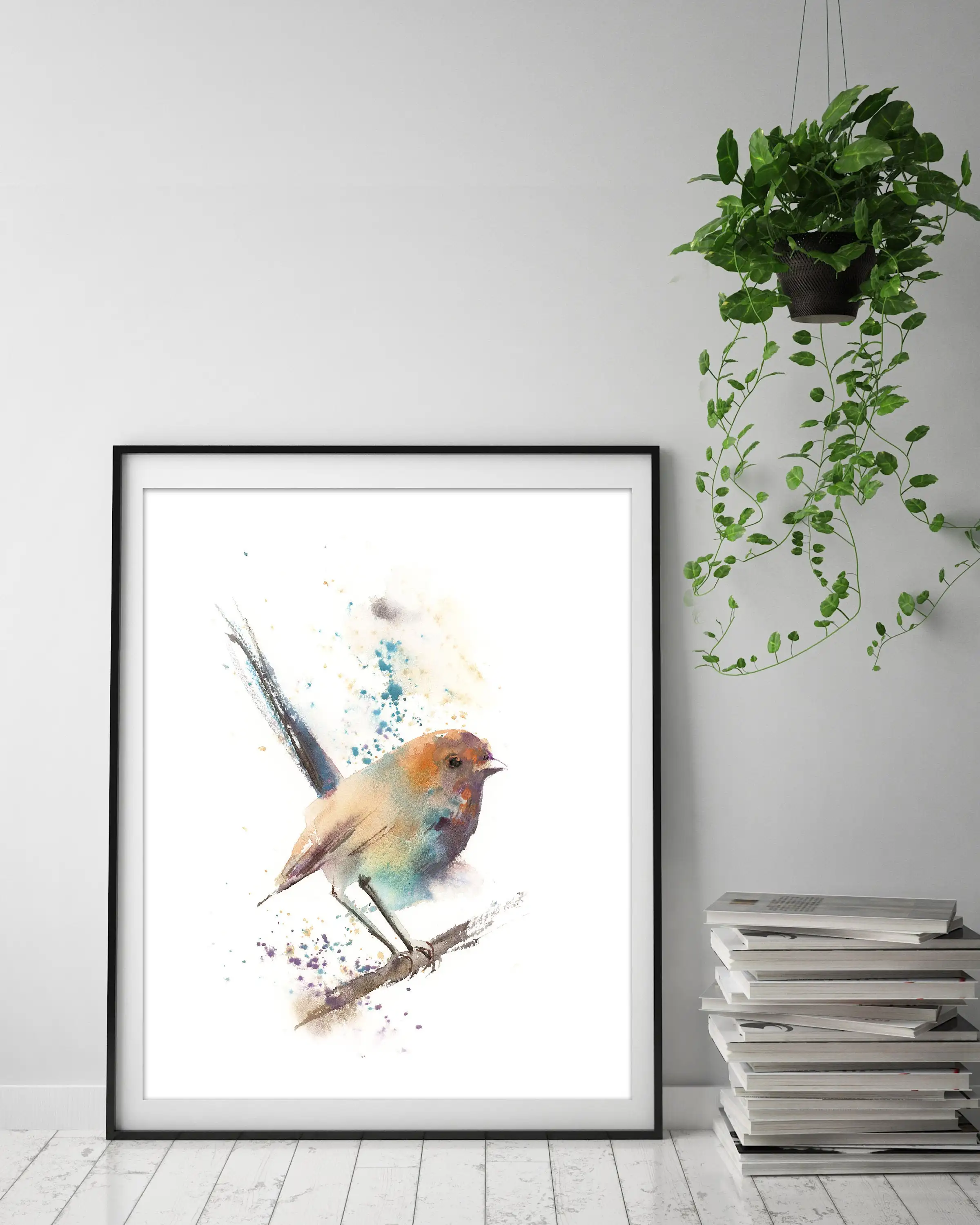Wren Bird Art Print Brith Colors print Painting of Fairy Loose Style Wall Fine Archival Giclée Pr | Дом и сад