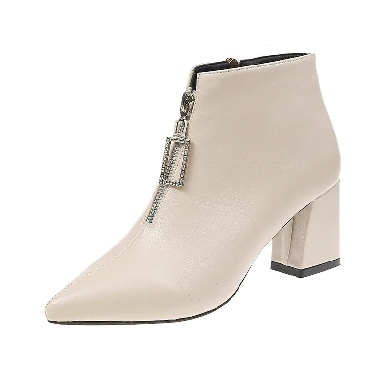 

Scrub PU Leather Pointed Toe Stretch Ankle Boots Fashion Front Zipper Square High Heel Comfort Women Shoes Size 34-40 S12-95