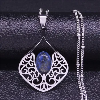 Boho Flower Natural Stone Stainless Steel Charm Necklaces Silver Color Bohemian Necklaces Women Jewelry collier femme N4458S04