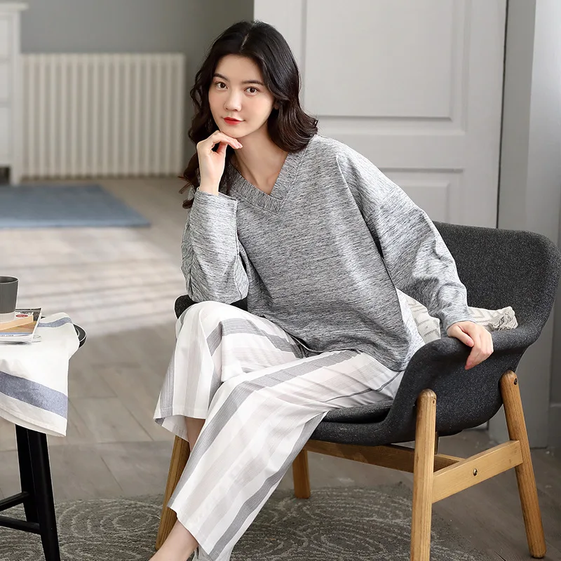 

Color Cotton Pajamas Women's Long-Sleeved Spring And Autumn Style Simple Korean Casual Ladies Cotton Home Wear