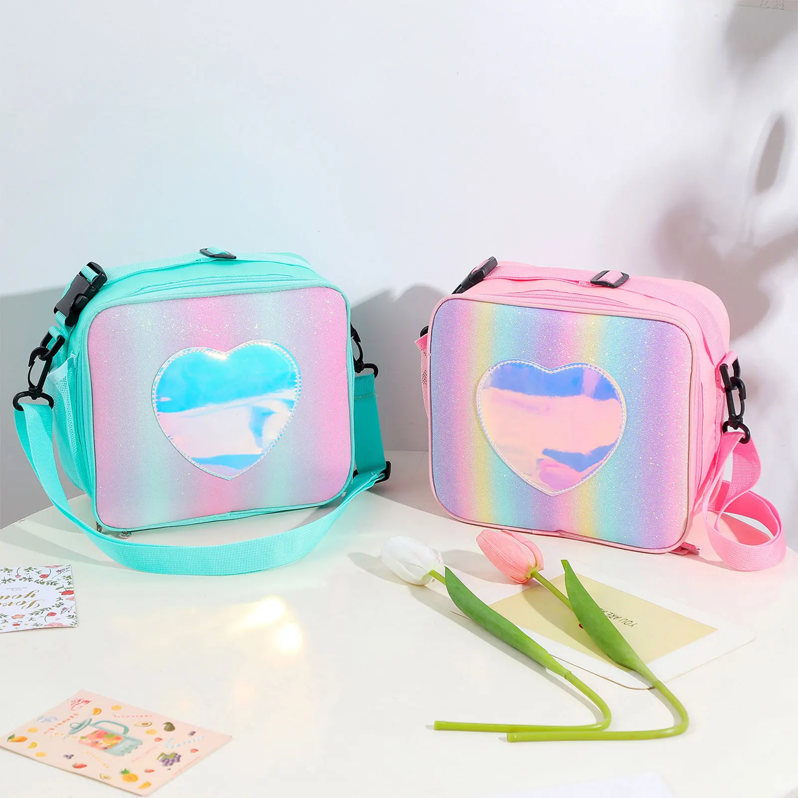 Holographic Heart Lunch Tote Box Lunch Bag Container with Adjustable Shoulder Strap