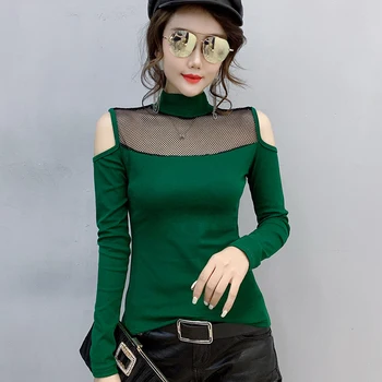 

Fashion Clothes Sexy Hollow Out Patchwork Mesh T-shirt 2019 New Spring Autumn Women Long Sleeve Tops Ropa Mujer Tees T9N903