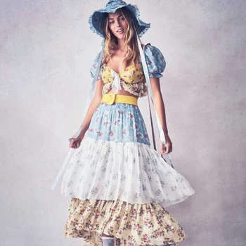 

Boho Floral Printed Women 2 Piece Sets 2020 Summer Patchwork Bow Backless Short Tops Irregular Skirts Beach Vintage Casual Sets