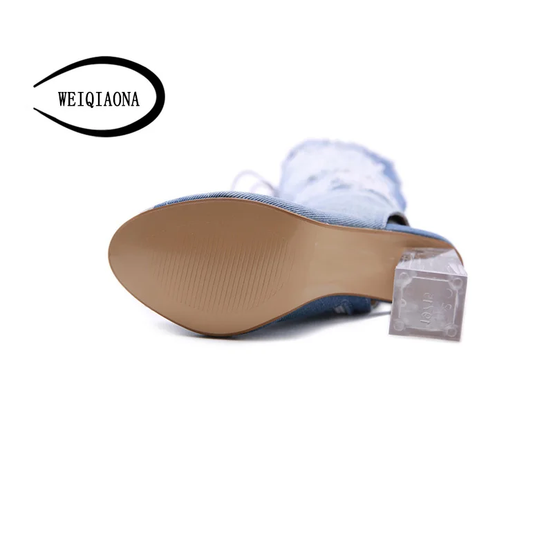 WEIQIAONA New Autumn crystal thick with denim boots high heel fish mouth strap nightclub Party Shoes Wedding Shoes Sandals Boots