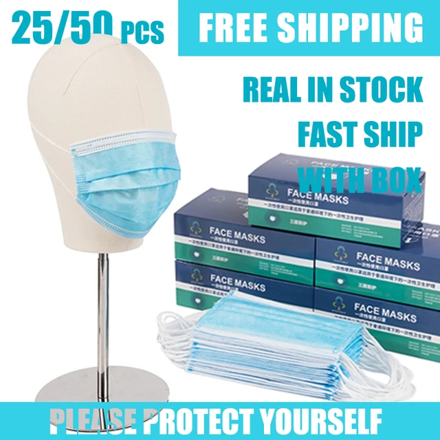 US $13.58  Hot Sale 25/50 pcs in Stock Disposable Face Mask Antivirus 3-layer MouthMask Non-woven Antidust Mas