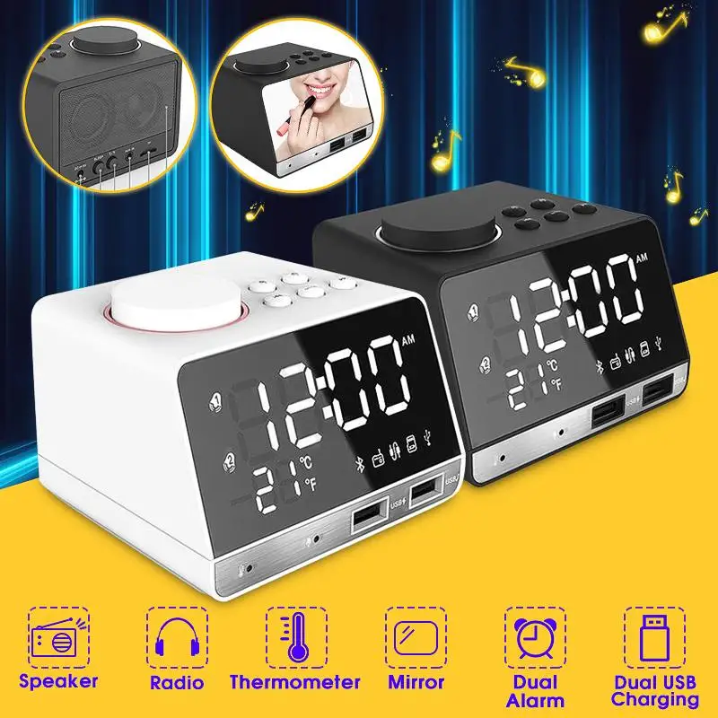 

LED Digital FM Radio Dual Alarm Mirror Clock Wireless bluetooth Bass Speaker+2 USB Charger Ports Music Player Snooze Temperature