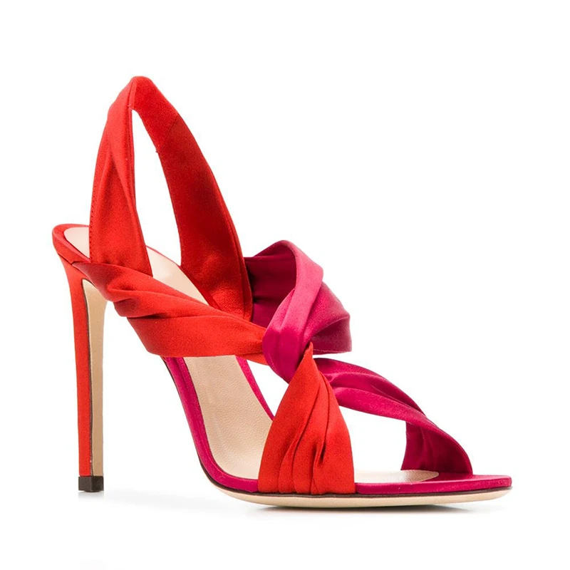 Red and Fuchsia Обувь на высоком каблуке; женские атласные сандалии с ремешками для женщин; коллекция года; модная обувь с открытым носком; Шпилька сандалии пятки; красная женская обувь; вечерние туфли - Цвет: Red and Fuchsia