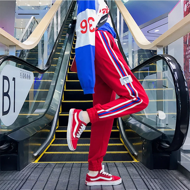 KeK 9320 hong Женские брюки-карго с высокой талией, в полоску, свободные, Harajuku BF, по щиколотку, комбинезоны, брюки размера плюс, хип-хоп, женские спортивные штаны - Цвет: KeK 9320 hong