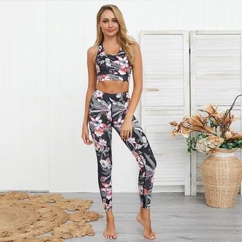 

Yoga Suit Sport Wear Tracksuit Black Floral Print Vest Top High Waist Pants 2 Pieces Set Fitness Workout Gym Clothes