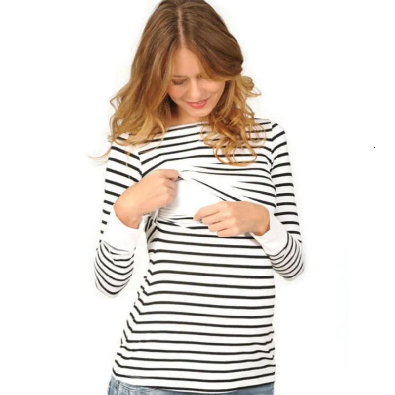 Breastfeeding Clothes New Round Neck Multi-functional Pregnant Women T-shirt Striped Long-sleeved Nursing Top Maternity | Мать и ребенок