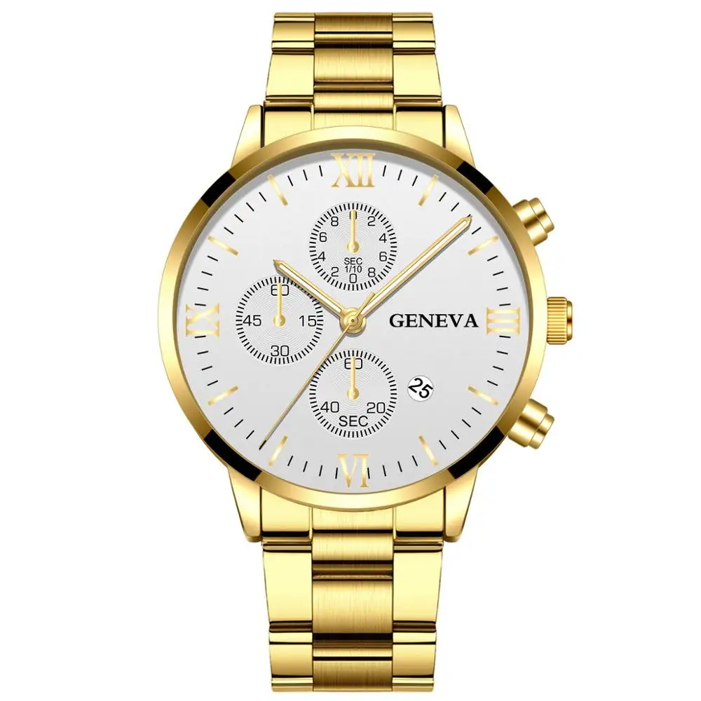 Watch Men Fashion Business Watches Luxury Calendar Clock Man Stainless Steel Quartz Wrist Watch reloj hombre - Цвет: Gold White