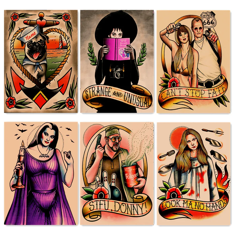 

Retro Old School Tattoo Artwork Wallpaper Movie Poster Wall Art Vintage Kraft Paper Print Painting Wall Sticker Home Decor B2