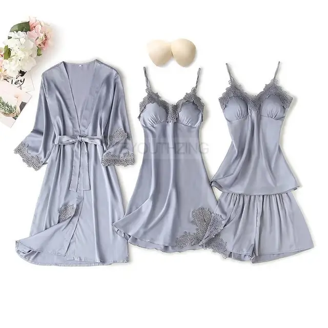 Pajama Set Women Lace Trim Satin Sleepwear Pyjamas Pour Femme Summer Nightwear With Pants Casual Home Wear Kimono Robe Gown PJS Gray B