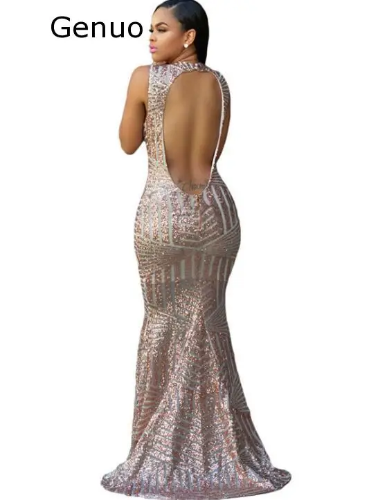 Genuo New Elegant Blush Sequins Long Dress Women Party Night Gown Sexy Keyhole Back Turtleneck Sleeveless Mermaid Maxi Dresses | Женская