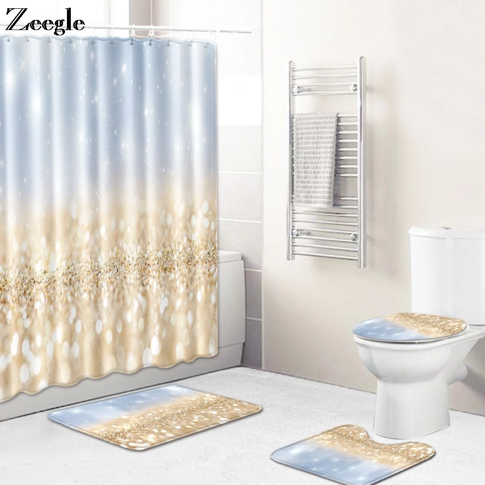Zeegle Bath Mat Set Toilet Seat Cover Bathroom Curtain Flannel Toilet Pedestal Rug Foot Mat Shower Curtain 4pcs Bathroom Rug Set