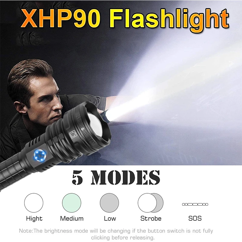 

10000Lm XHP90 LED Flashlight Xlamp XHP70.2 Tactical Flash Light USB Zoom Torch Hunting Use 26650 With Smart Chip Camping