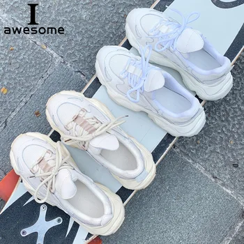 

Genuine Leather Dad Sneakers platform shoes women Chunky sneakers comfortable Femme women Breathable Thick Sole Ladies shoe