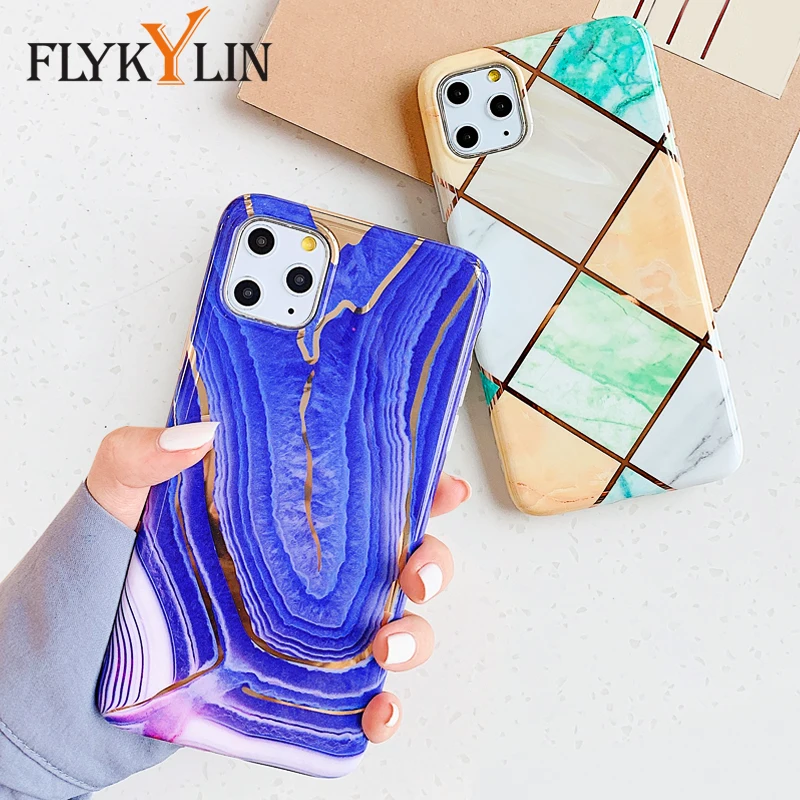 

FLYKYLIN Plating Marble Case For iphone 11 Pro Max 6 6S 7 8 Plus X XS XR Back Cover Retro Blue Pink Splice Art Stone Phone Coque