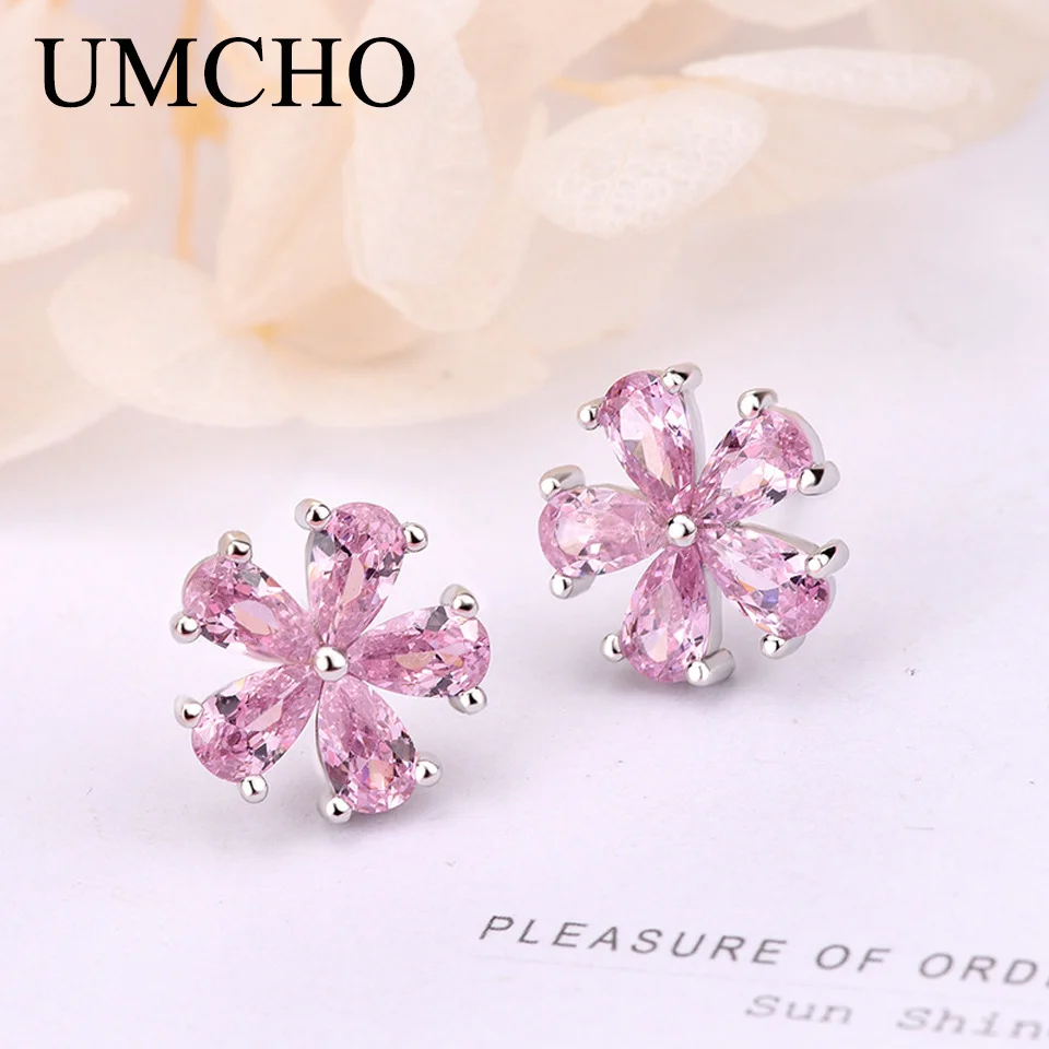 UMCHO розовый четырехлистный цветок клевера 925 пробы серебряные циркониевые серьги-гвоздики для женщин подарок на свадьбу модные ювелирные изделия - Цвет камня: Flower Pink