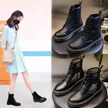 

version versatile breathable leather women's shoes thick bottom casual Martin boots women's black short boots fashion