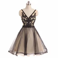 Черные платья для выпускного вечера А-силуэт v-образный вырез короткий мини-Тюль с аппликацией кружевные с открытой спиной Элегантные коктейльные платья