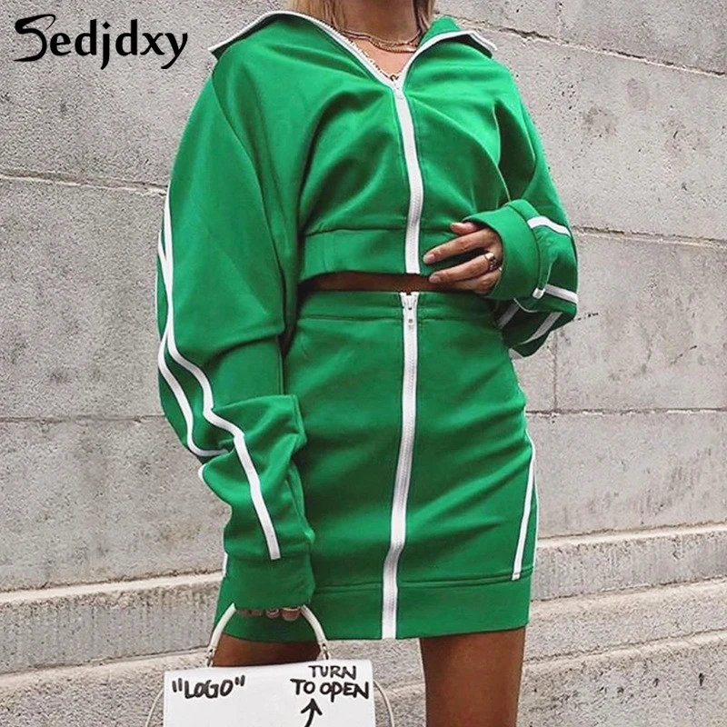 

2019 New Women Autumn Long Sleeve Solid Sweatshirt+Skirt Outfit Two Pieces Set Winter Coat Women